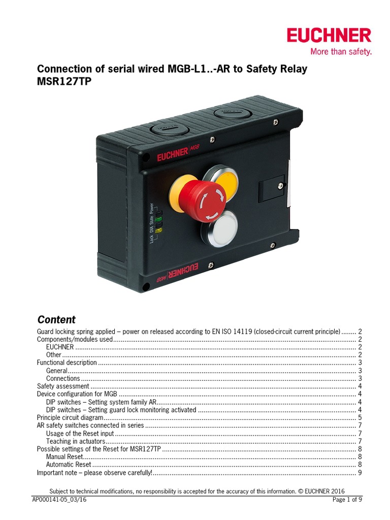 Connection of Serial Wired MGBL1..AR To Safety Relay MSR127TP PDF