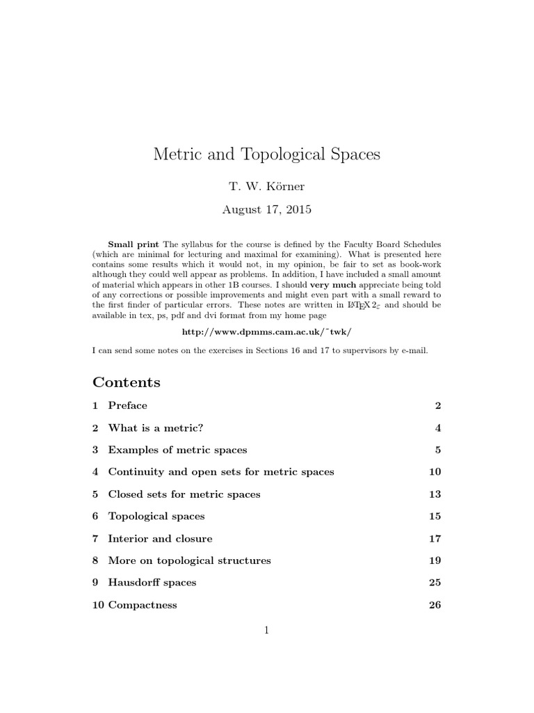 Metric and Topological Spaces PDF Metric Space Topology
