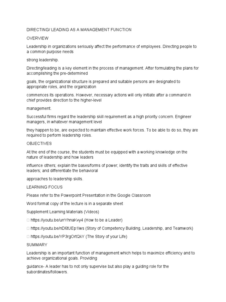 Leading as a Key Management Function | PDF | Leadership | Human Nature