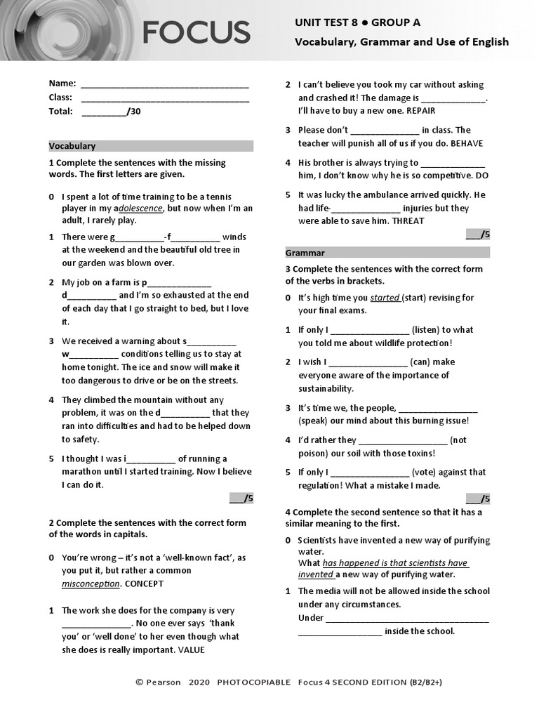 Unit Test 8 Group A Vocabulary, Grammar and Use of English | PDF ...