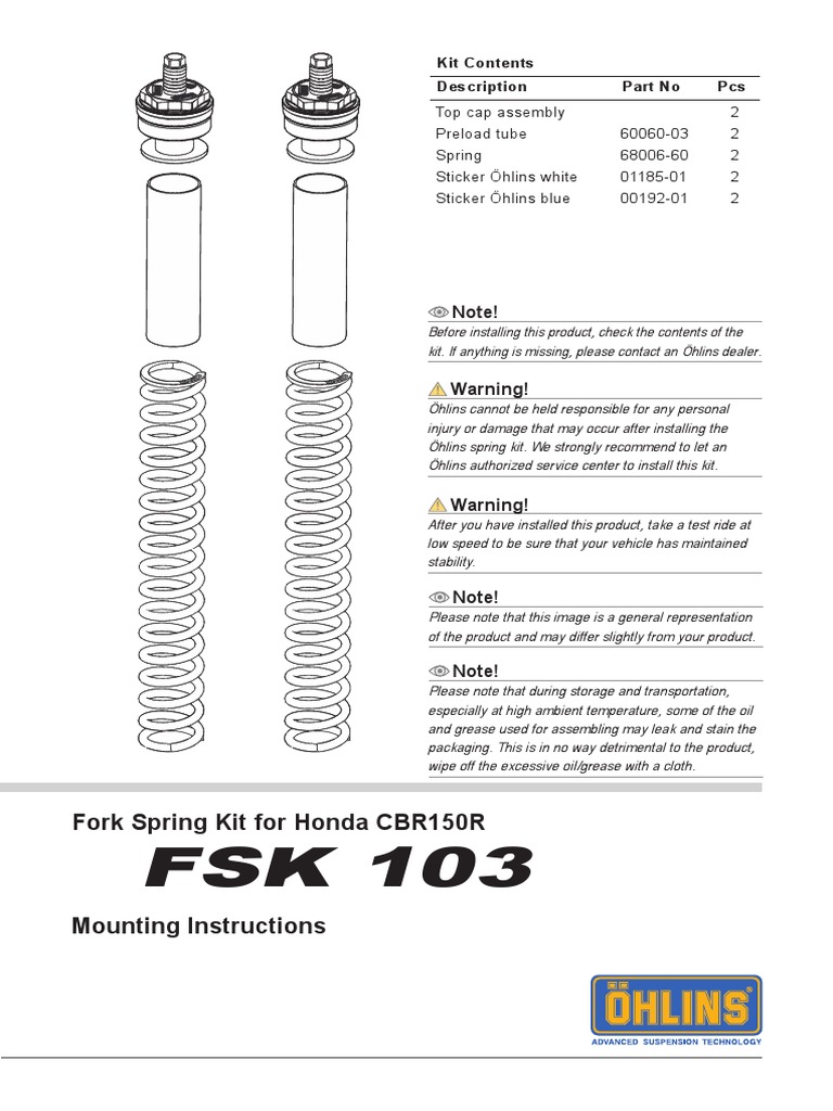 サイズ確認 Fork Spring Kit For Honda CBR150R: Note! | PDF | Land Vehicles