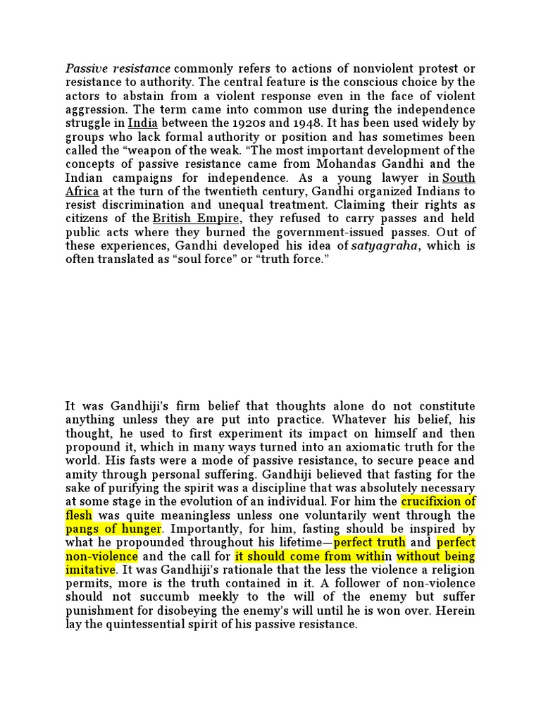Passive Resistance Commonly Refers To Actions of Nonviolent Protest or