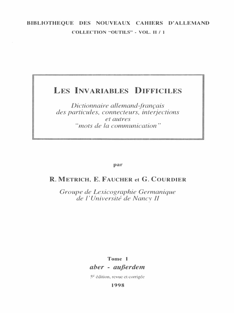 Mot Allemand Designant Un Produit De Remplacement Les Invariables Difficiles: Dictionnaire Allemand-Franrais Des Particules,  Connecteurs, Inte, Jections Et Autres | PDF | Phrase | Dictionnaire