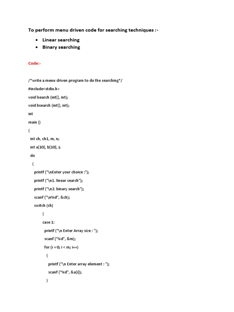1.to Perform Menu Driven Code For Searching Techniques | PDF | Array ...