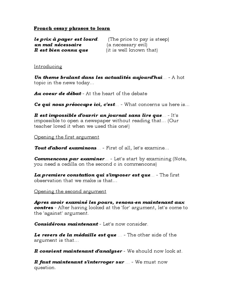Phrases clés pour rédiger un essai en français | PDF