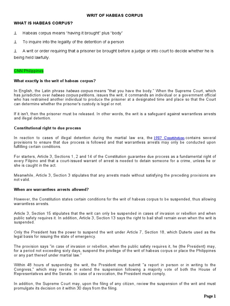 Writ of Habeas Corpus What Is Habeas Corpus? CNN Philippines PDF