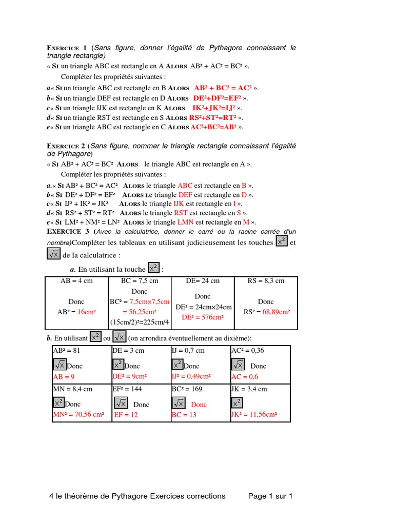 Démontrer Qu un Triangle Est Rectangle Sans Mesure 4 Le Theoreme de Pythagore Exercices Corrections | PDF | Triangle | Objets  mathématiques