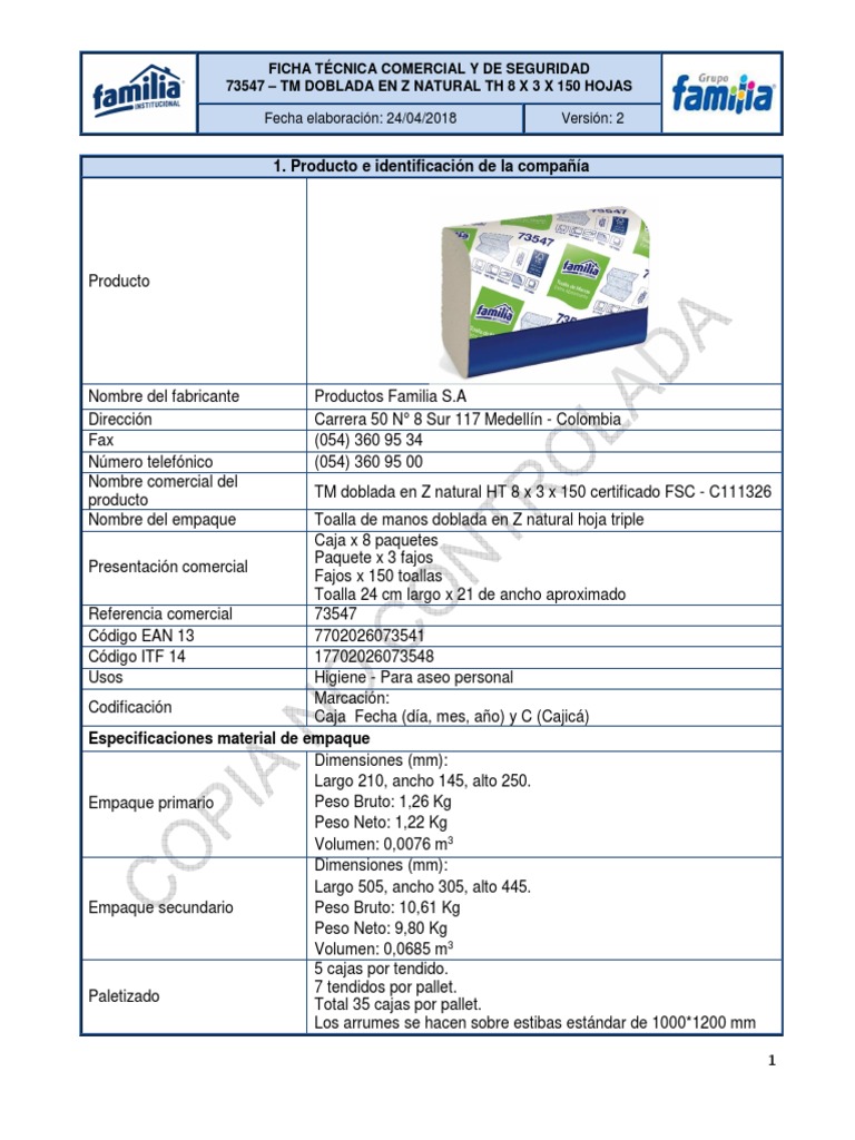 Ficha Tecnica Toalla Z Familia Ref 73547 | PDF | Residuos | Papel