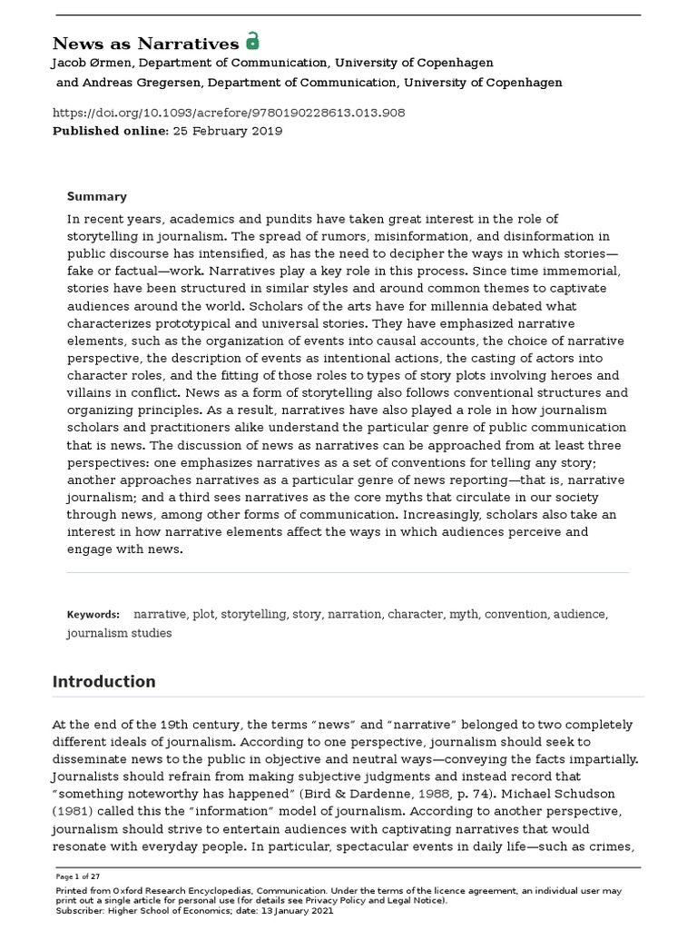 Understanding News Narratives in Journalism | PDF | Narrative | News