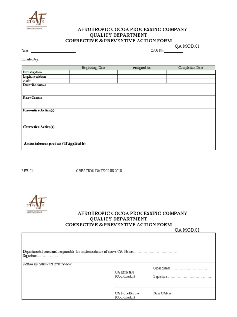 Corrective - Preventive Action Form | PDF