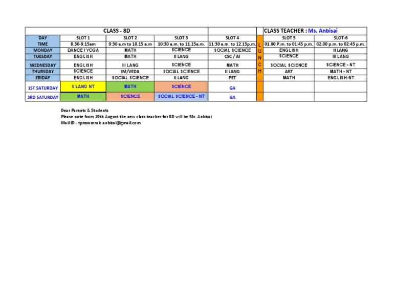 Class 8D Schedule and Teacher Update | PDF