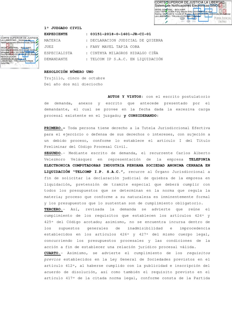 Declaraci n judicial de quiebra de la empresa telefonia electronica