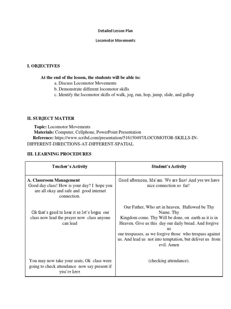 Detailed Lesson Plan Locomotor Movements | PDF | Animal Locomotion | Foot