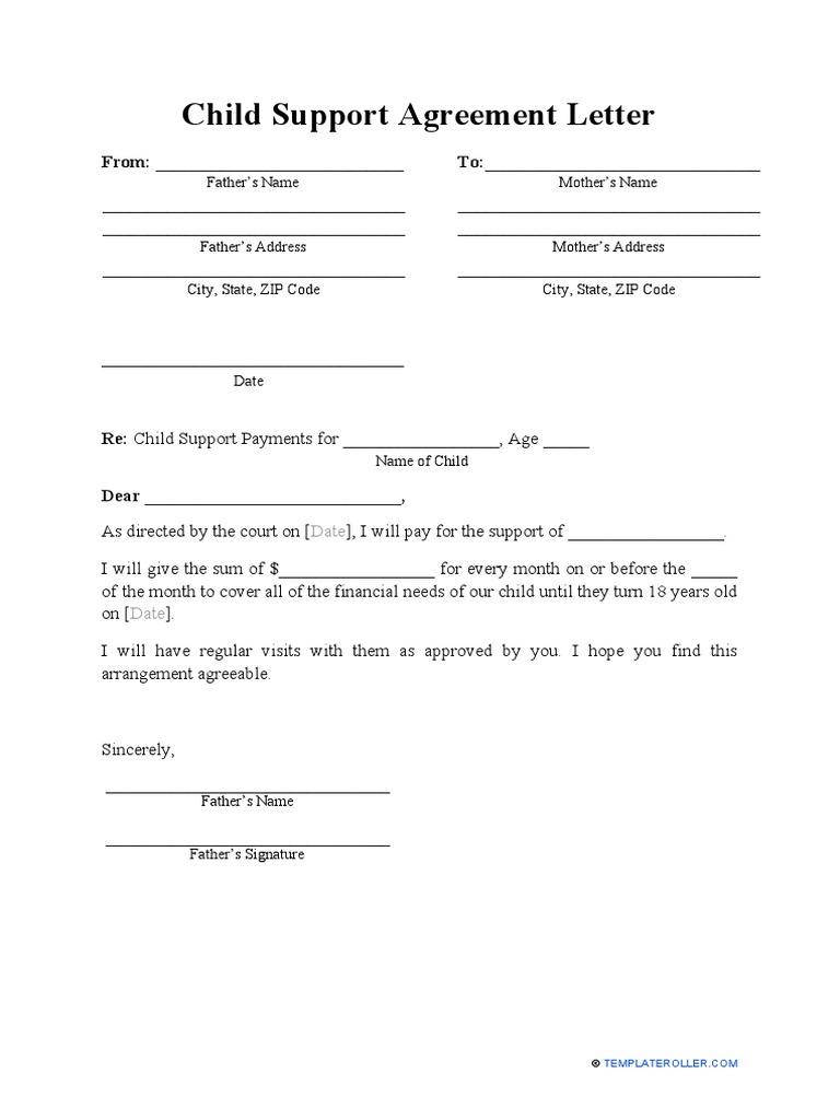 Share Main Child Support Agreement Letter Template | PDF