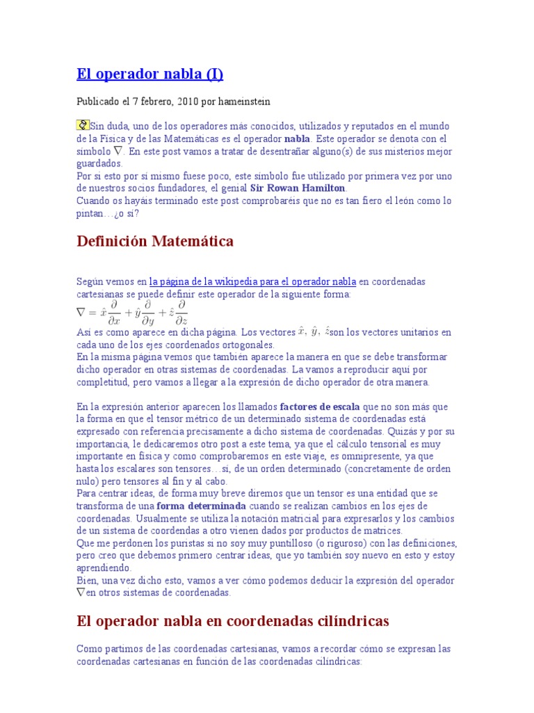 Operador Nabla en Coordenadas Esféricas | PDF | Tensor | Degradado