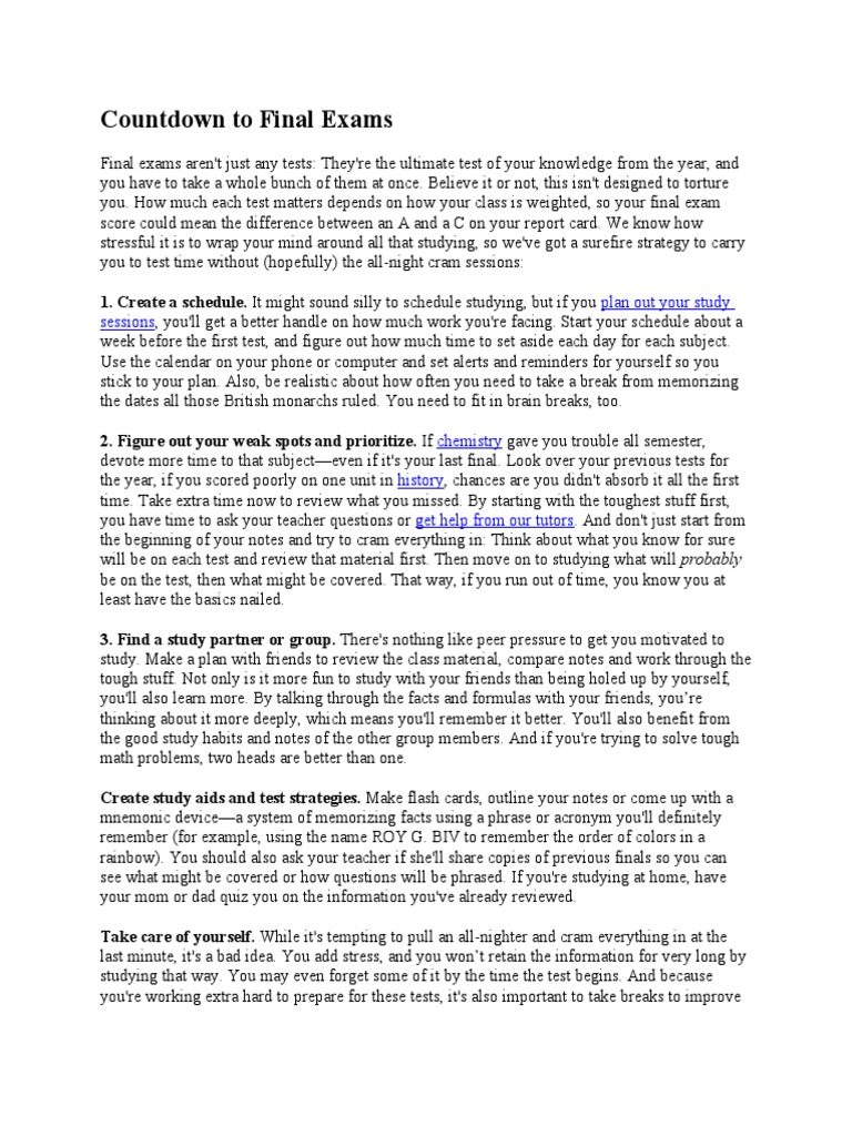 Final Exam Countdown Strategies | PDF | Test (Assessment) | Education ...