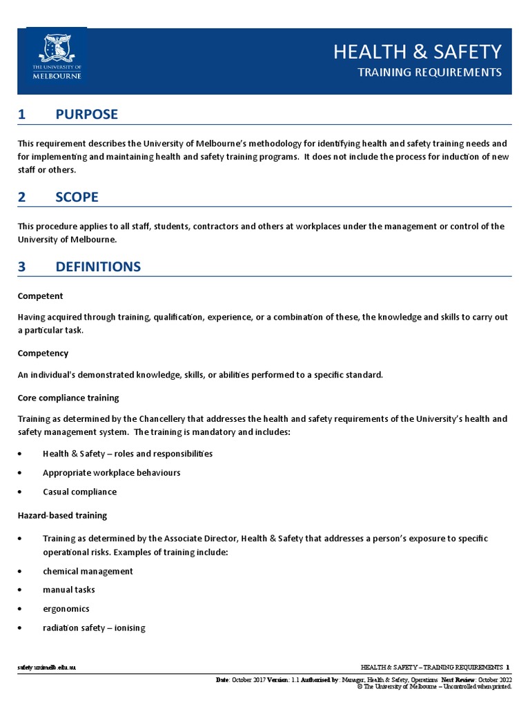 Health and Safety Training Requirements PDF Occupational Safety And