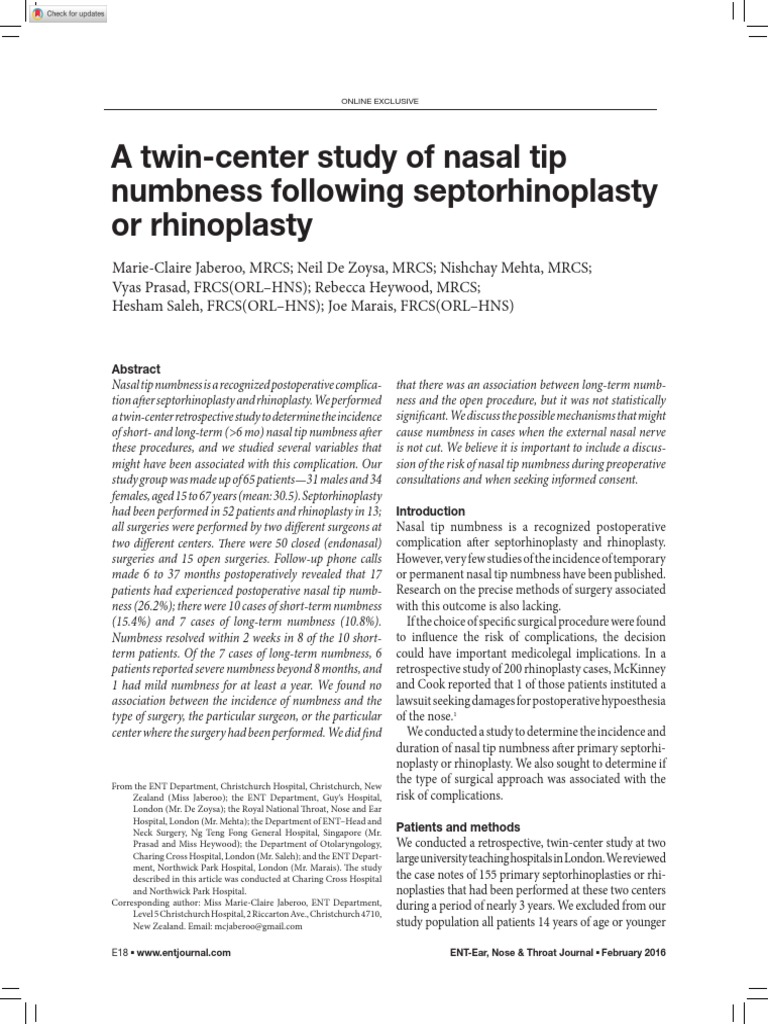 Nasal Tip Numbness After Rhinoplasty PDF Surgery Otorhinolaryngology