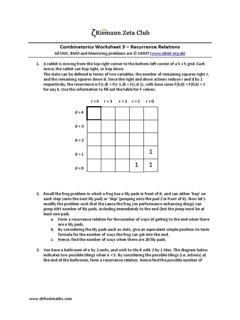 D) Combinatorics Worksheet 3 PDF Numbers Recurrence Relation