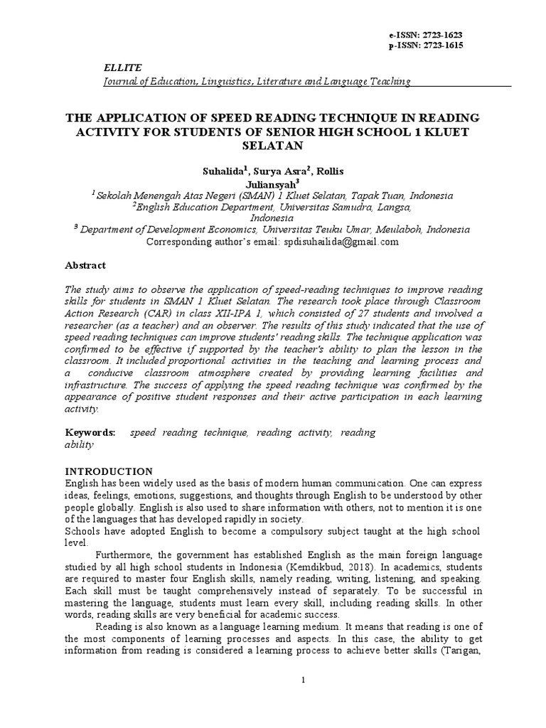 Speed Reading Techniques in High School | PDF | Reading Comprehension ...