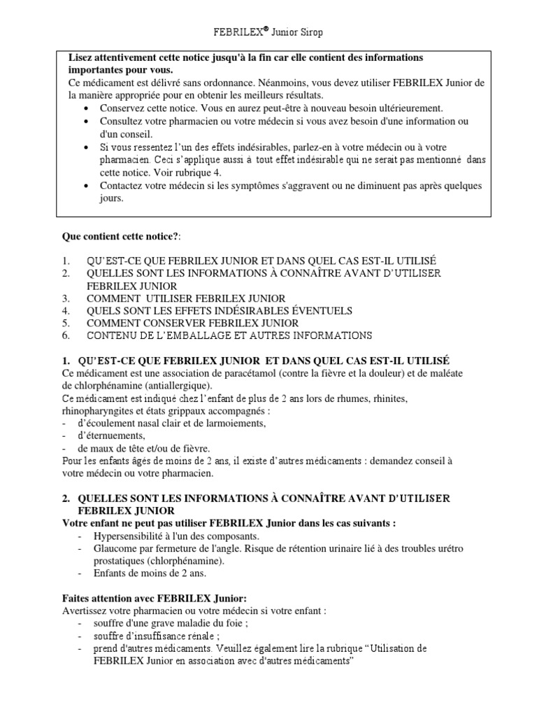 Notice Febrilex Junior Sirop FR | PDF | Rhume | Spécialités médicales