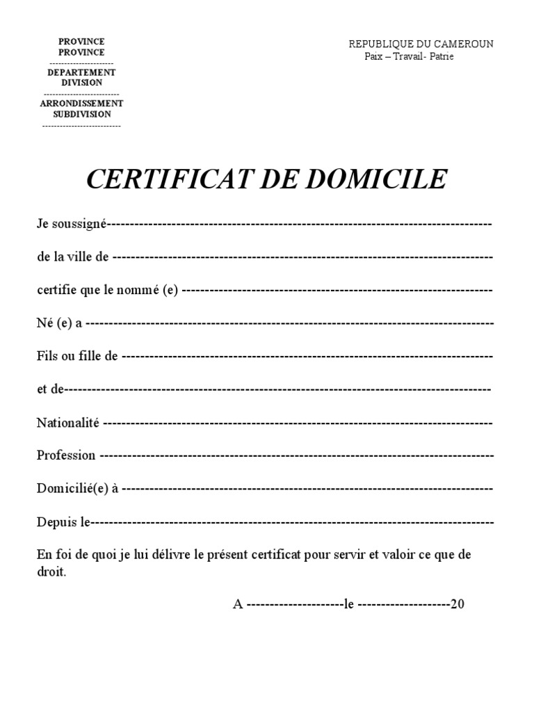 Certificado de Domicilio en Camerún | PDF
