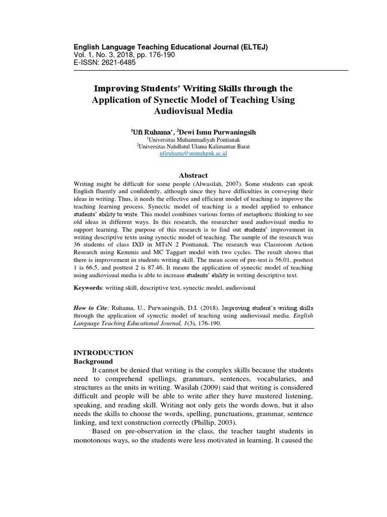 Improving Students' Writing Skills Through The Application of Synectic ...
