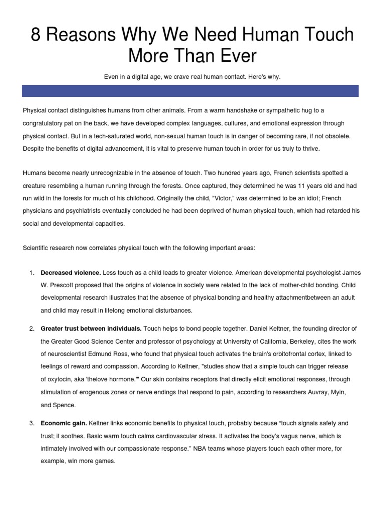 8 Reasons Why We Need Human Touch More Than Ever PDF Psychology
