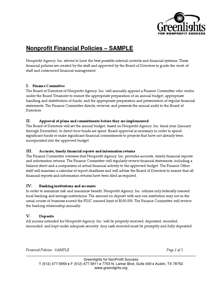 Nonprofit Financial Policies Sample | PDF | Nonprofit Organization ...