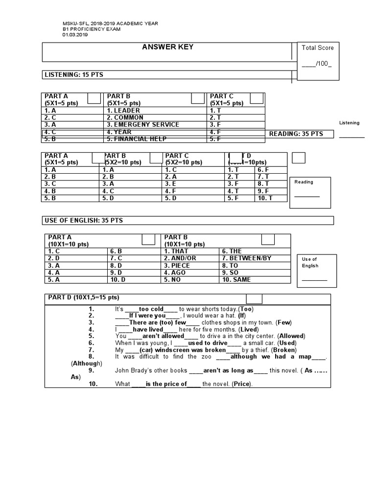 B1 Proficiency Answer Key | PDF | Standardized Tests | Qualifications