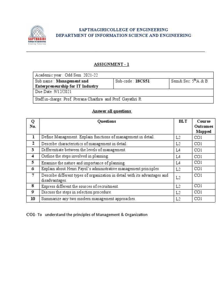 Assignment - 1: Sapthagiricollege of Engineering Department of ...
