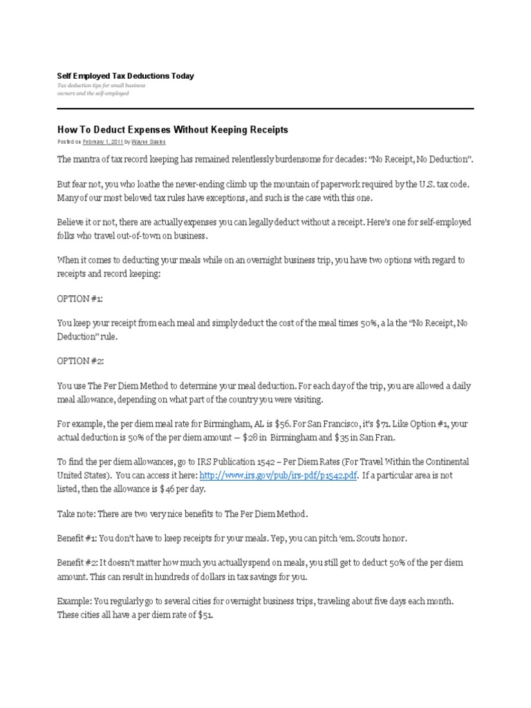 Deducting Meals While Traveling and Per Diem Allowances PDF Per