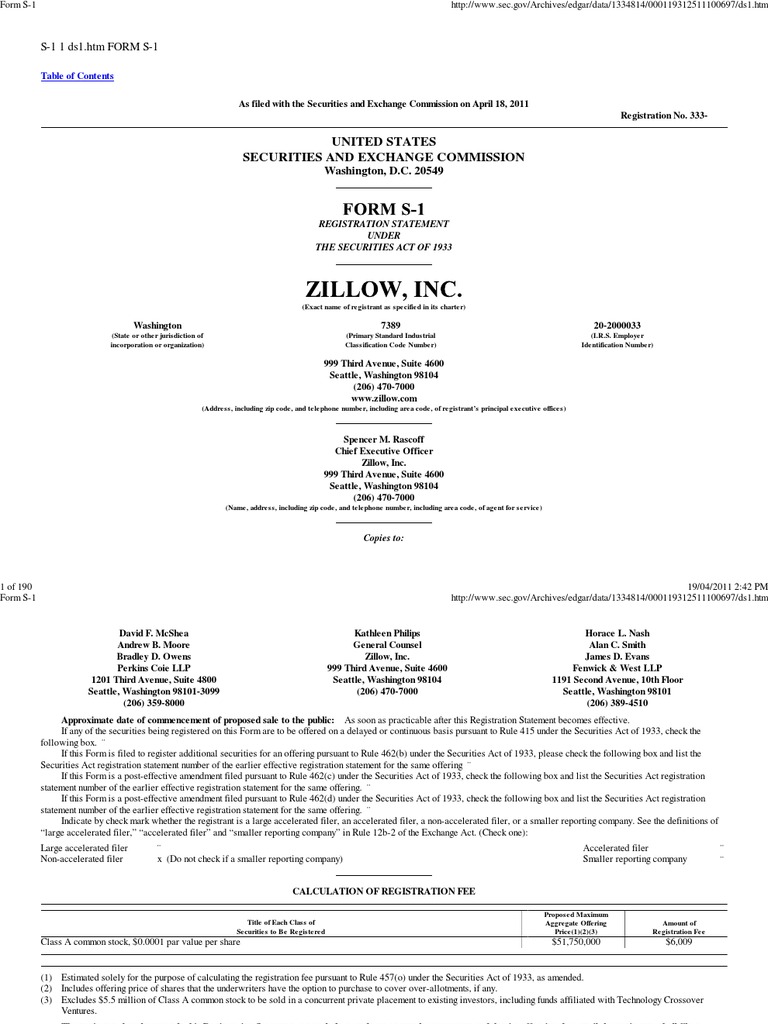 Zillow Form S 1 | PDF | Initial Public Offering | Stocks