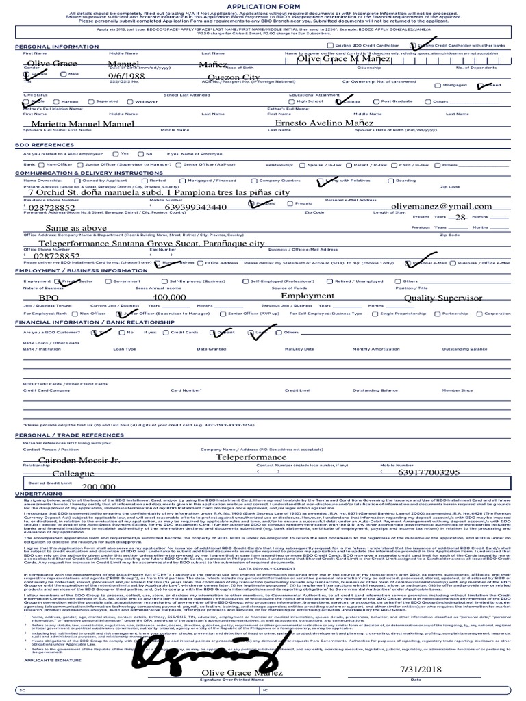 BDO Installment Card Application Form Page 2 PDF Credit Card Banks