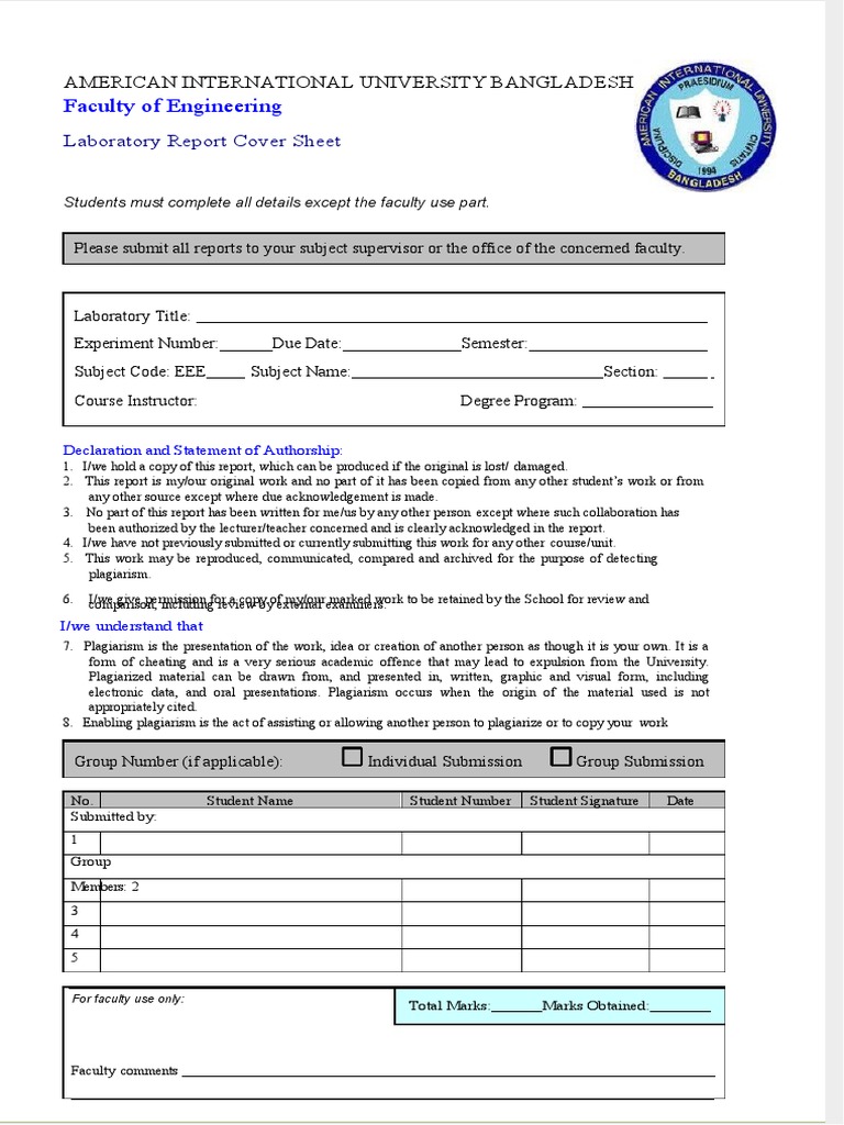 AIUB Lab Report Cover Sheet | PDF | Plagiarism | Academia
