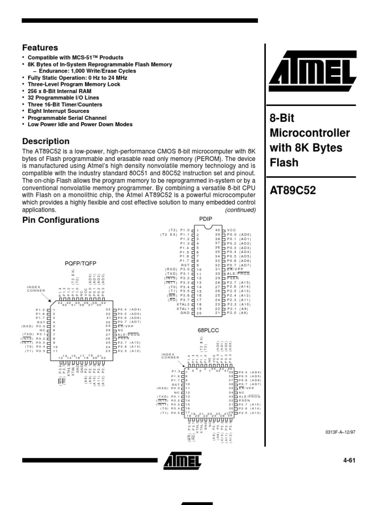 8-Bit Microcontroller With 8K Bytes Flash AT89C52: Features | PDF ...