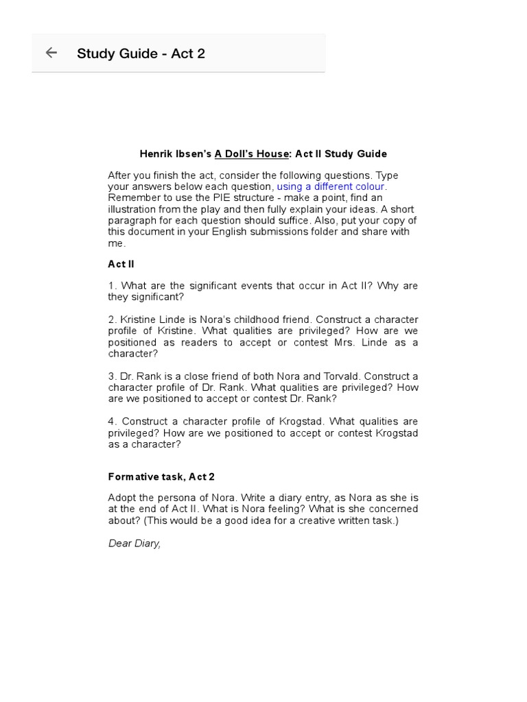 Henrik Ibsen's A Doll's House Act II Study Guide PDF