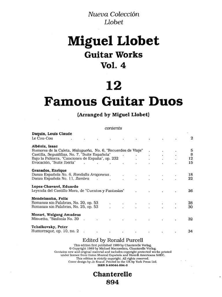 Miguel Llobet Guitar Works Vol 4 12 Famous Guitar Duos