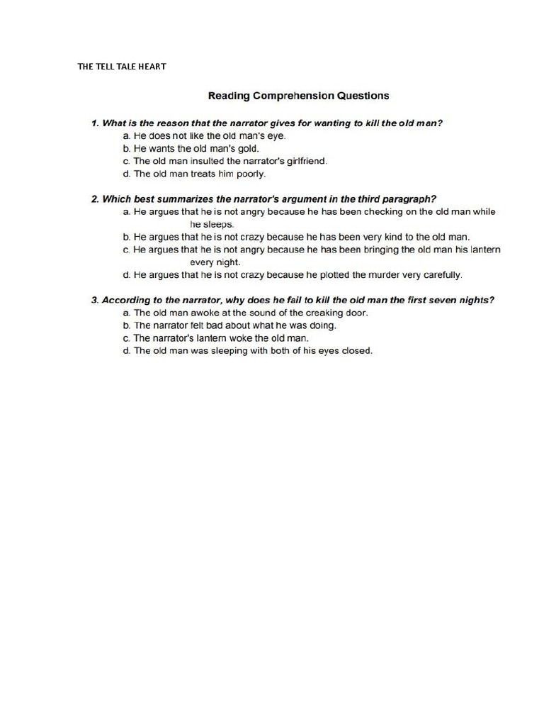 The Tell Tale Heart Questions PDF