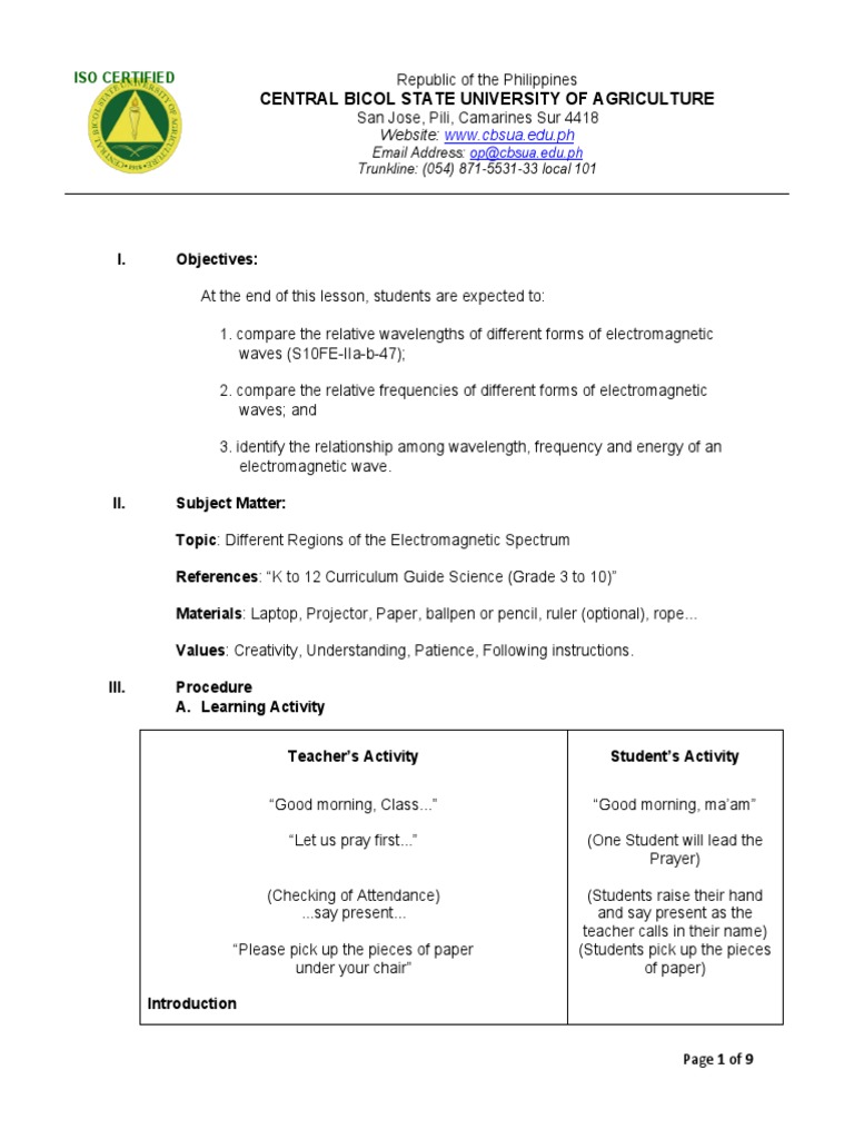 Lesson Plan - Miranda Jochebed BSED2b | PDF | Electromagnetic Spectrum ...