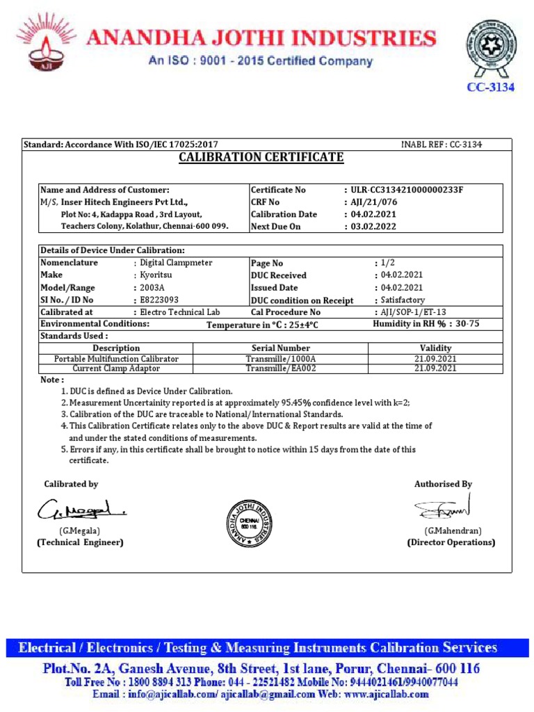 Calibration Certificate Teachers Colony, Kolathur, Chennai600 099