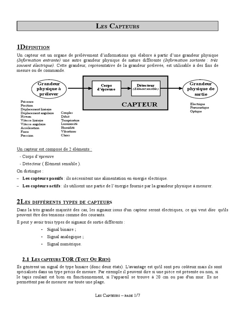 Types et Fonctionnement des Capteurs | PDF | Capteur | Résistance des ...