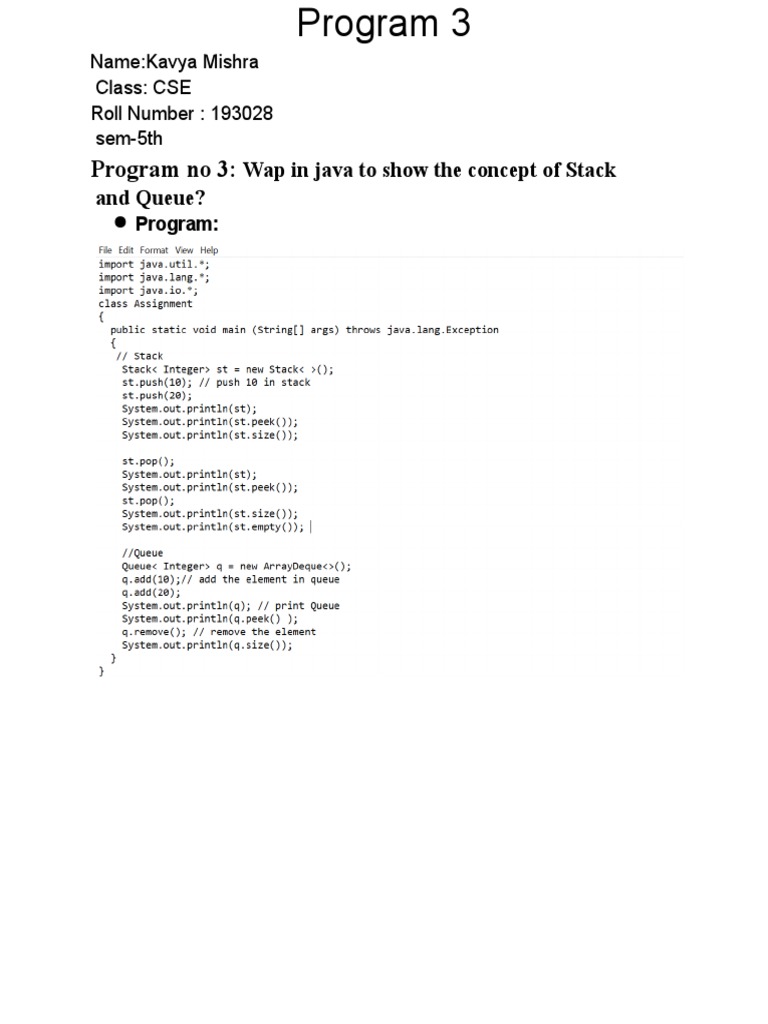 Program No 3:: Wap in Java To Show The Concept of Stack and Queue? | PDF