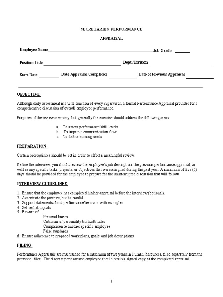 Secretary Performance Appraisal Guide | PDF | Performance Appraisal ...