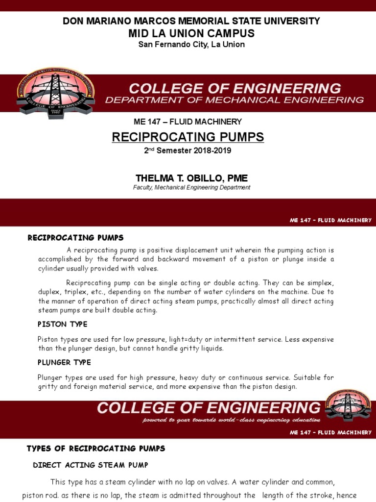 Reciprocating Pumps Lecture PDF Pump Engines