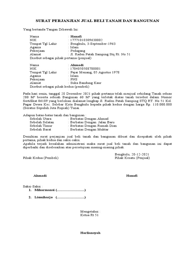 Surat Perjanjian Jual Beli Tanah Dan Bangunan | PDF