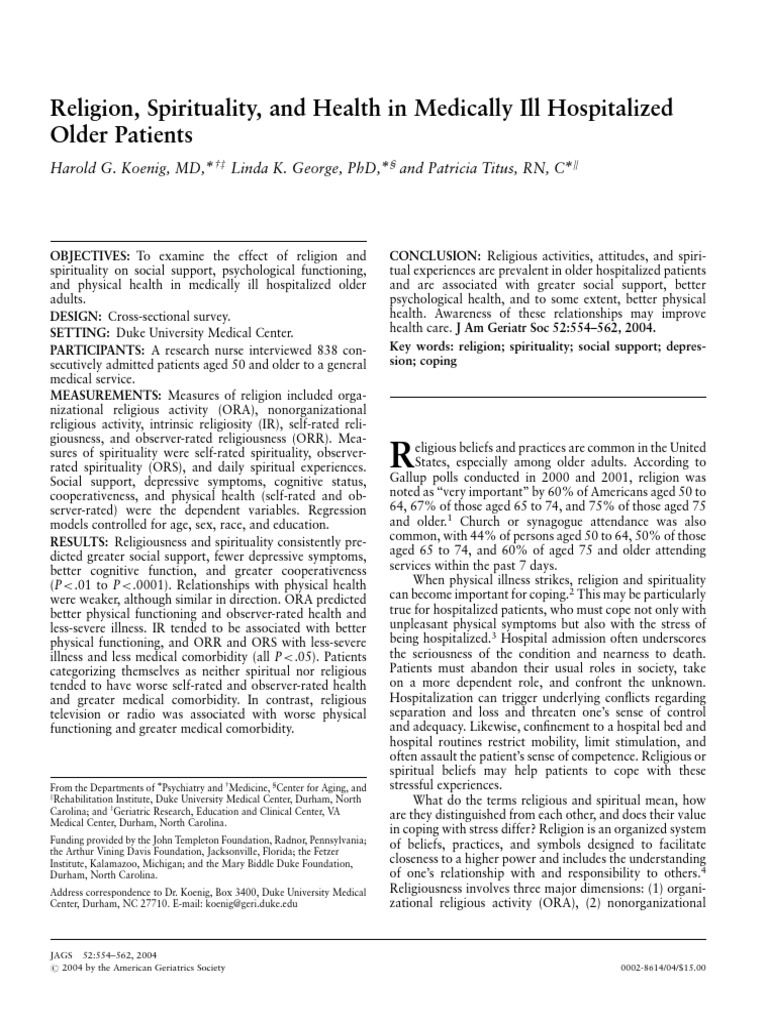 Religion, Spirituality, and Health in Medically Ill Hospitalized | PDF ...