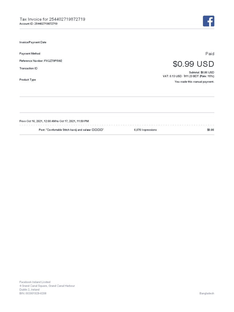 Tax Invoice for Facebook Ad Payment | PDF
