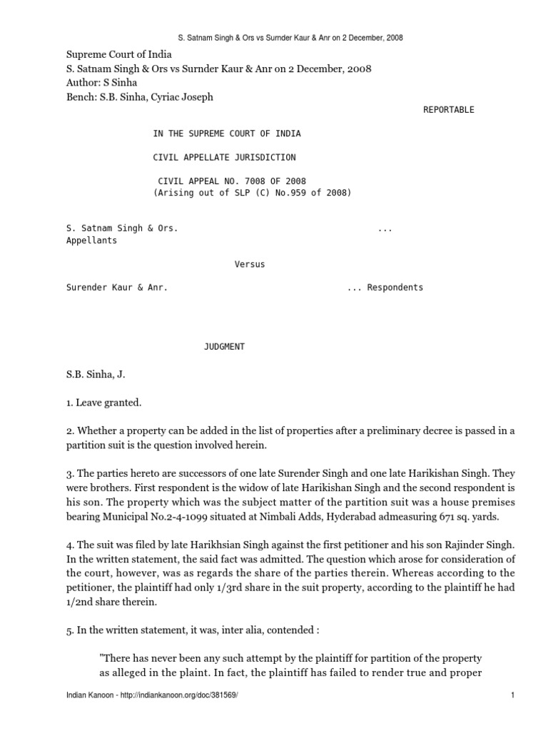 Supreme Court rules on adding property to partition suit decree PDF