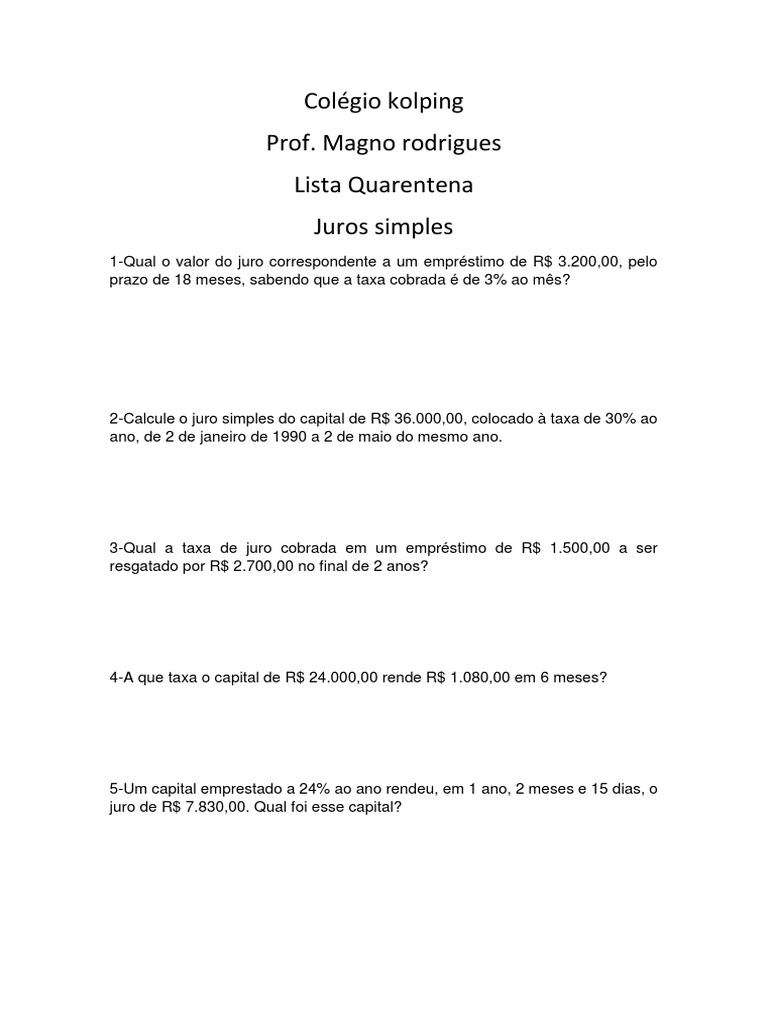 Lista de Exercícios: Juros Simples 9º Ano | PDF | Finanças e ...